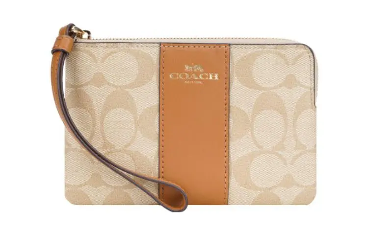 COACH Corner Zip Coated Canvas With Leather Pochette Clutch Small Women's Brown & Khaki