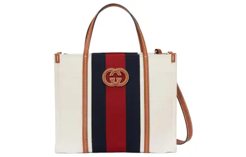 GUCCI Cotton Fabric With Leather Tote Bag, Shopping Bag, Handbag Small Men's White & Red & Dark Blue & Brown