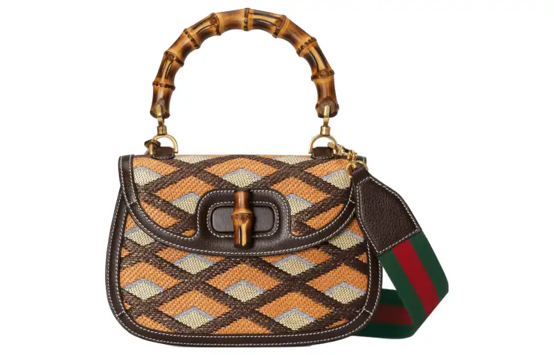 GUCCI Bamboo 1947 Raffia With Leather Shoulder Bag, Crossbody Bag, Handbag Medium Women's Multicolor/Brown