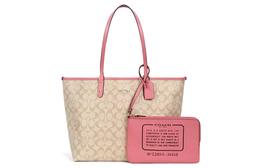 COACH Canvas With Leather Tote Shoulder Bags Large Women's Khaki & Pink