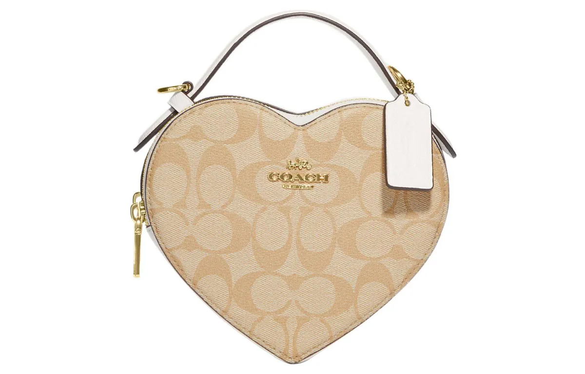 COACH Heart Coated Canvas With Leather Shoulder Bag, Crossbody Bag, Handbag Mini Women's Light Khaki