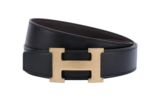 HERMES H Martelee Cow Leather Belts Men's Black Width 3.2cm