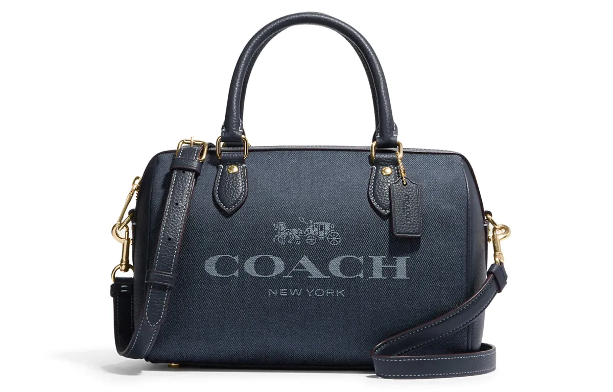 COACH Rowan Denim With Refined Pebbled Leather Handbag, Shoulder Bag, Crossbody Bag Medium Women's Denim Blue