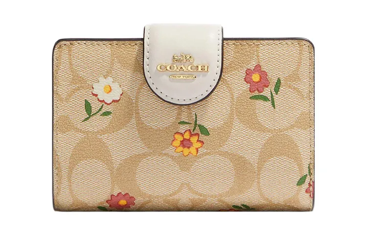 COACH Corner Zip Canvas With Leather Wallet Medium Women's Light Khaki