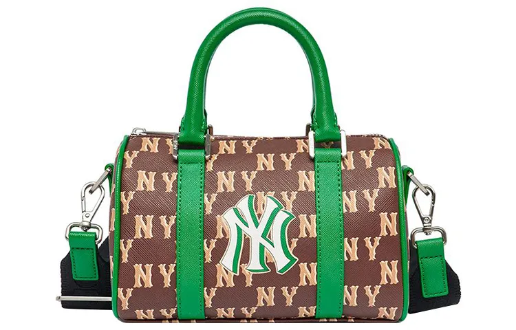 MLB New York Yankees Artificial Leather Pillow Bag, Boston Bag, One Shoulder Handbag Small Unisex Green & Brown
