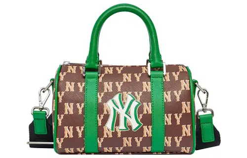 MLB New York Yankees Artificial Leather Pillow Bag, Boston Bag, One Shoulder Handbag Small Unisex Green & Brown