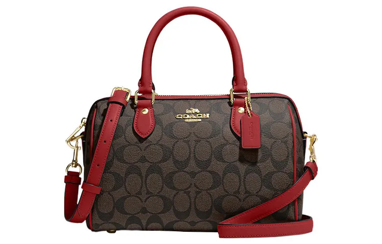 COACH Rowan Coated Canvas With Leather Handbag, Shoulder Bag, Crossbody Bag Medium Women's Brown & Red