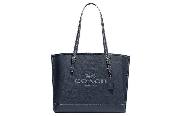 COACH Mollie Zip Closure Denim With Leather Tote Bag, Shopping Bag, Handbag, Shoulder Bag 34 Women's Blue