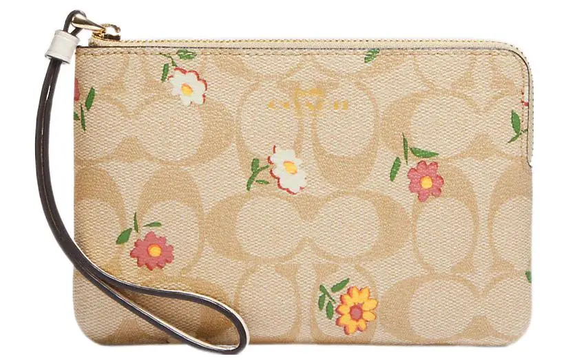 COACH Corner Zip Coated Canvas And Smooth Leather Wrist Bag Clutch Small Women's Light Khaki