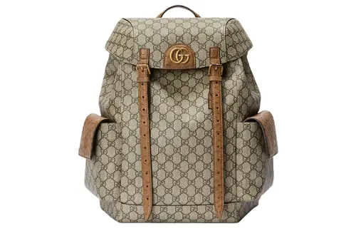 GUCCI Canvas With Ostrich Leather Backpack Men's Beige/Brown