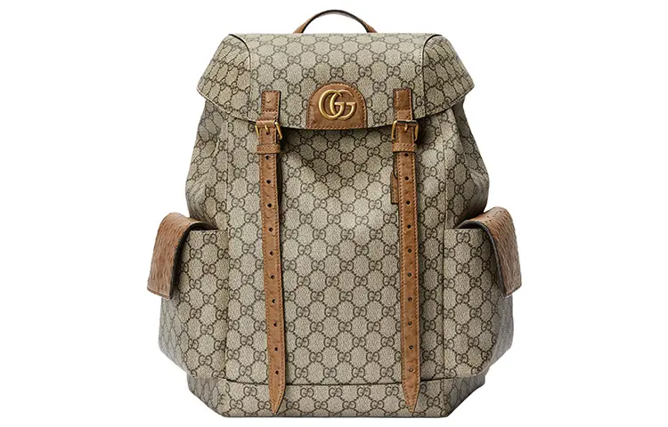 GUCCI Canvas With Ostrich Leather Backpack Men's Beige/Brown