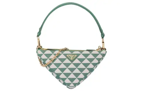 PRADA Triangle Leather With Fabric Triangle Bag, One Shoulder Handbag Mini Women's Grass Green/White