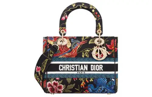 DIOR Lady D Lite Embroidery Handbag Shoulder Bag, Crossbody Bag, Handbag Medium Women's Black/Multicolor