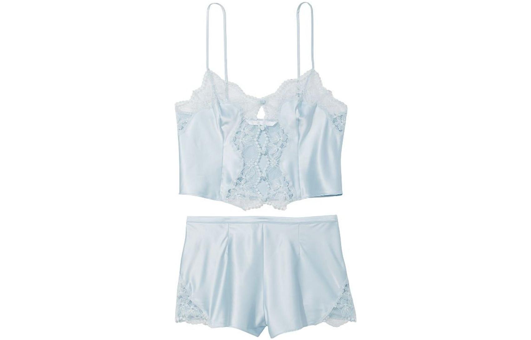 Victoria's Secret /Victoria's Secret Smooth Satin Lace Trimmed Hollow Suspender Shorts Pajamas Home Set Women's Light Blue