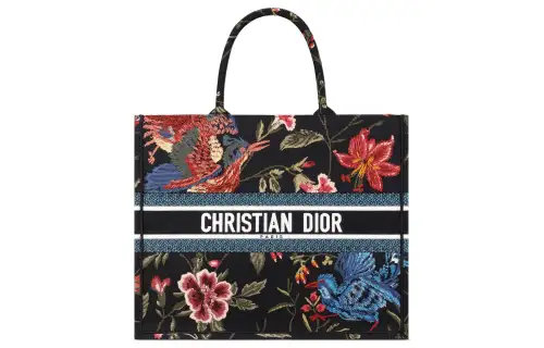 DIOR Embroidery Tote Bag, Shopping Bag, Handbag Large Women's Black/Multicolor