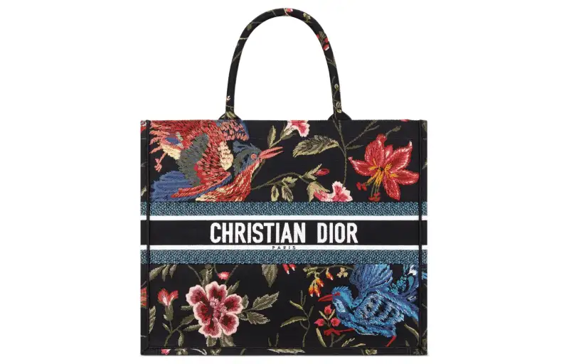 DIOR Embroidery Tote Bag, Shopping Bag, Handbag Large Women's Black/Multicolor