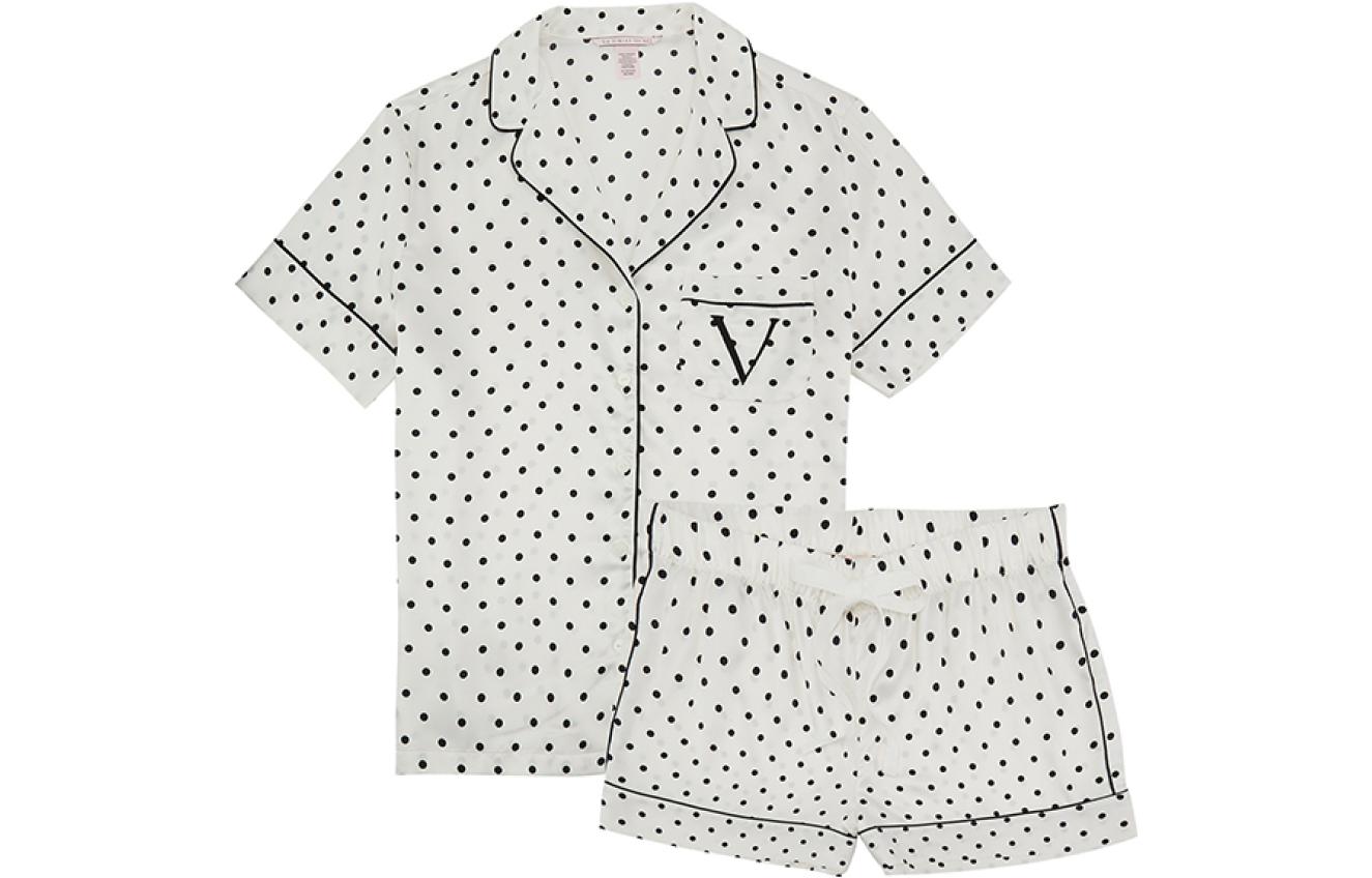 Victoria's Secret Victoria's Secret Satin Short Pajama Set Satin Short Sleeve Top Mid-waist Shorts Pajama Set Women's Black and White Polka Dots