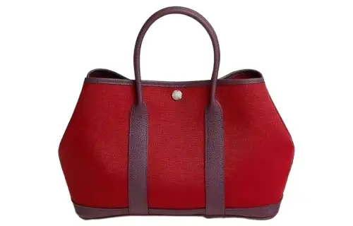 HERMES Garden Party Canvas With Negonda Calfskin Handbag 30 Women's Carmine & Blackcurrant