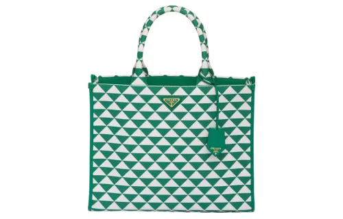 PRADA Fabric With Leather Tote Bag, Shopping Bag, Handbag Large Women's Green/White