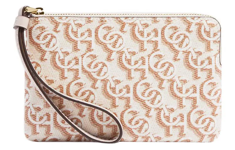 COACH Corner Zip Canvas With Leather Wrist Bag Clutch Small Women's Chalk White
