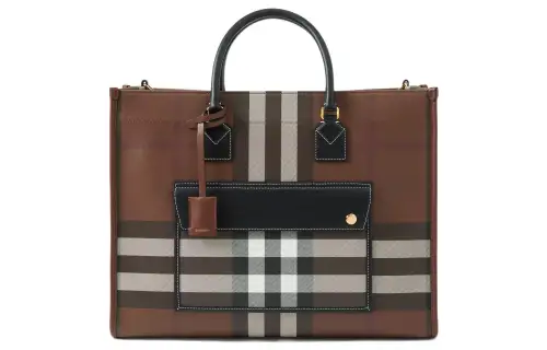 Burberry Plaid With Leather Tote Bag, Shopping Bag, Handbag Medium Women's Dark Birch Brown