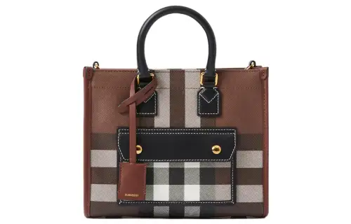 Burberry Plaid With Leather Tote Bag, Shopping Bag, Handbag Mini Women's Dark Birch Brown
