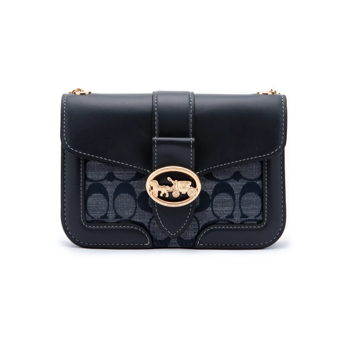 COACH Georgie Linen With Calfskin Small Square Bag, Shoulder Bag, Crossbody Bag Small Women's Denim Dark Blue Monogram