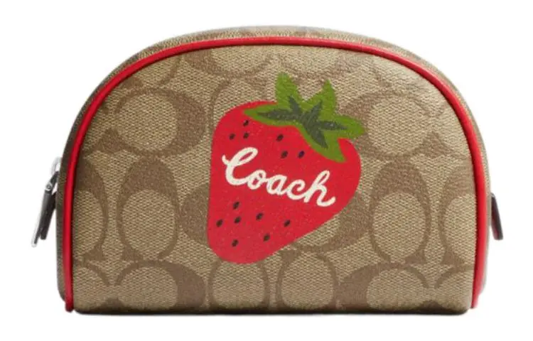 COACH Dome Leather Handheld Makeup Bag Small Women's Red & Brown