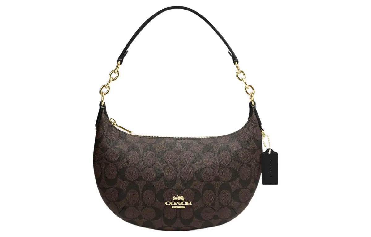 COACH Payton Coated Canvas With Leather Crescent Bag, Shoulder Bag Large Women's Dark Brown