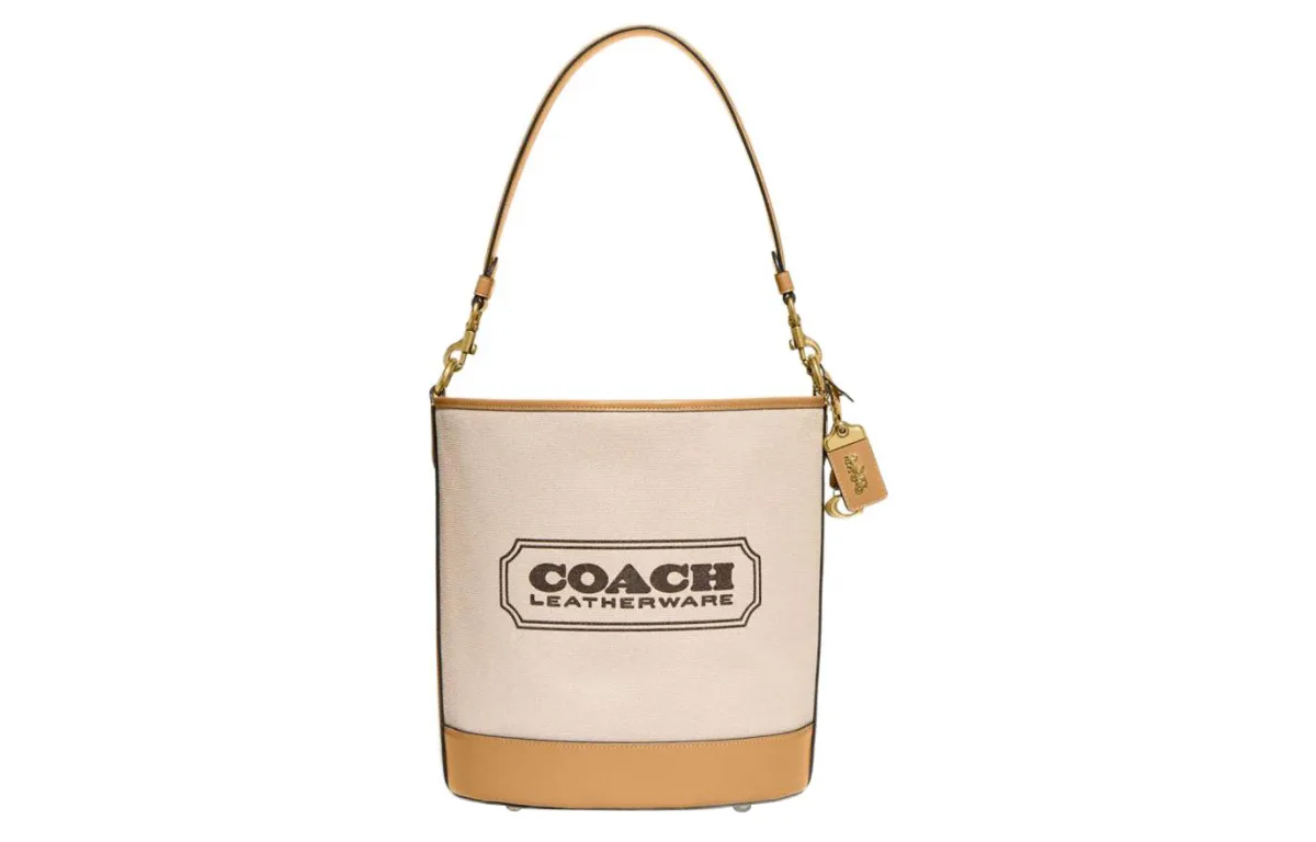 COACH Dakotah Canvas With Refined Calfskin Bucket Bag, One Shoulder Handbag, Crossbody Bag Large Women's Brass & Tan