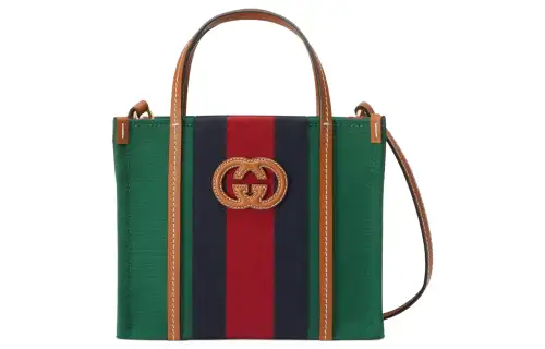 GUCCI Cotton Fabric With Leather Tote Bag, Shopping Bag, Handbag Mini Women's Green/Red/Dark Blue