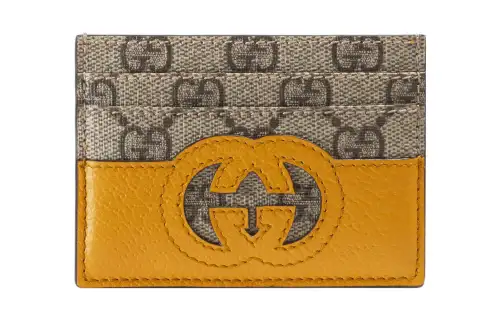 GUCCI Canvas With Leather Trim Card Holder Men's Yellow/Ebony