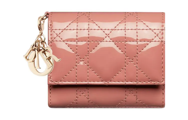 DIOR Lady Dior Patent Leather Calfskin Wallet Women's Bright Pink