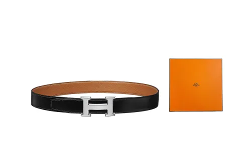 HERMES Constance Cow Leather Belts Men's Black/Gold Width 3.2cm