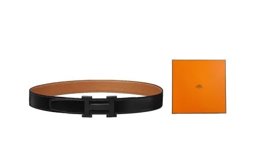 HERMES Matte Black Buckle Togo Calfskin Double Sided Leather Belt Constance Men's Black/Gold Width 3.2cm Box