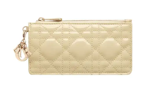 DIOR Lady Dior Patent Leather Calfskin Card Holder Small Women's Light Yellow