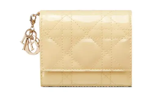 DIOR Lady Dior Patent Leather Calfskin Wallet Women's Light Yellow
