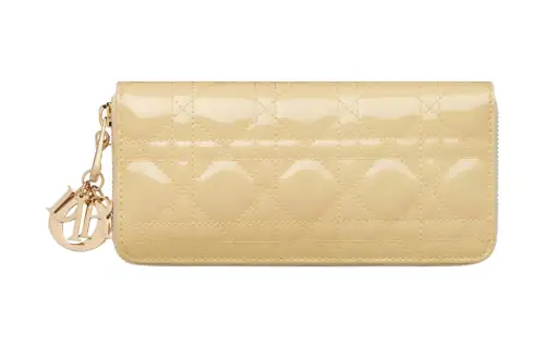 DIOR Lady Dior Patent Leather Calfskin Wallet Women's Light Yellow