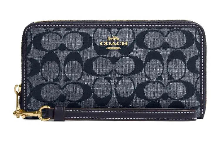 COACH Zip Around Canvas And Smooth Leather Clutch Wallet Regular Women's Blue