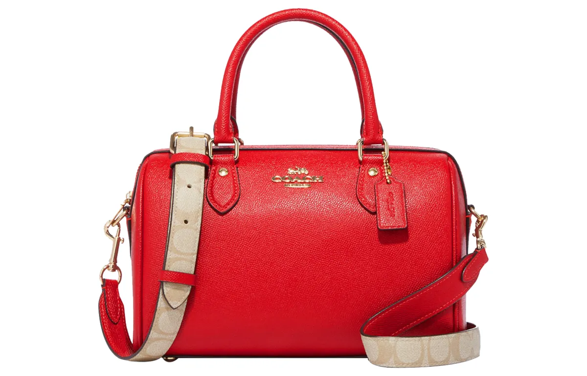 COACH Cross Grain Leather With Coated Canvas Boston Bag, Handbag, Shoulder Bag, Crossbody Bag Medium Women's Red