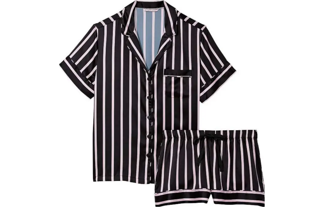 Victoria's Secret Satin Short Pajama Set Pajama Set Women's Black Sole Pink Stripes