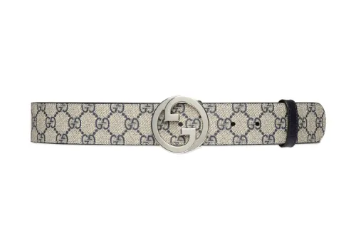 GUCCI Blondie Canvas Leather Belts Men's Beige/Blue Width 4cm