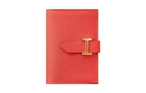 HERMES Bearn Gold tone Lock Mysore Goat Skin Card Holder Women's Capucine Orange Red