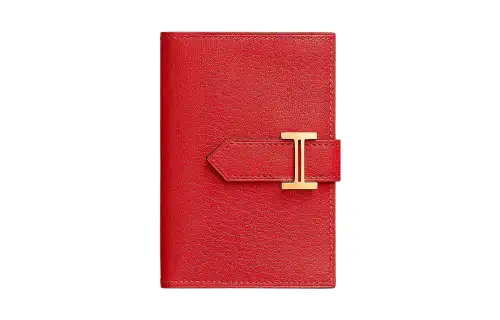 HERMES Bearn Gold tone Lock Chamkila Goat Skin Card Holder Women's S3 Rouge De Coeur Heart Red