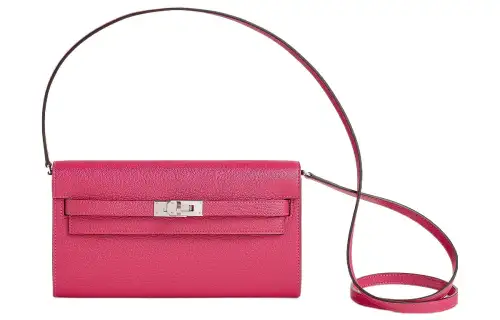 HERMES Kelly To Go Silver Tone Buckle Mysore Goat Skin Crossbody Wallet Regular Women's 0D Rose Mexico Powder