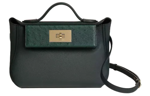 HERMES 24/24 Light Gold Buckle Ostrich Leather With Calfskin Crossbody One Shoulder Handbag 21 Women's Rousseau Green