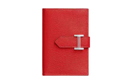 HERMES Bearn Silver Tone Buckle Chamkila Goat Skin Card Holder Women's S3 Rouge De Coeur Heart Red
