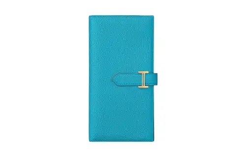 HERMES Bearn Gold tone Lock Mysore Goat Skin Wallet Women's 0F Bleu Frida Blue
