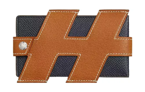 HERMES H Tag Pigskin With Epsom Calfskin Card Holder Women's Toffee & Indigo Blue