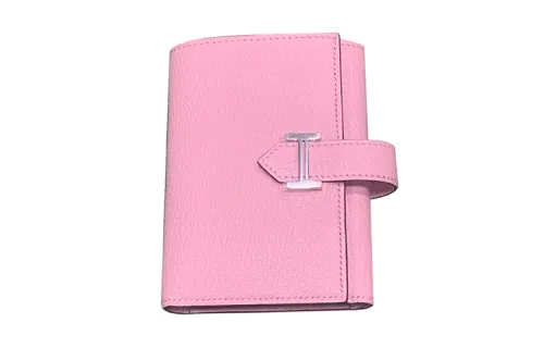HERMES Bearn Silver Tone Buckle Goatskin Wallet Women's 3Q Rose Sakura Cherry Blossom Pink